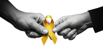 Adult and child hands in grayscale holding bright yellow ribbon on transparent background, PNG template for childhood cancer awareness month health care family support and charity campaign