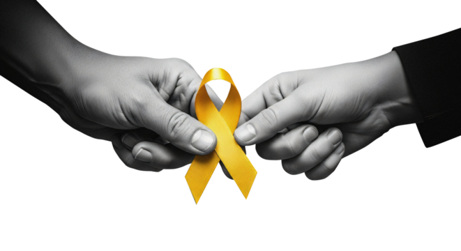 Adult and child hands in grayscale holding bright yellow ribbon on transparent background, PNG template for childhood cancer awareness month health care family support and charity campaign