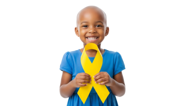 Bald African American girl holding yellow ribbon symbol on transparent background. Childhood Cancer Awareness Month. Banner PNG for bone cancer, hospital support concept with copy space. - Powered by Adobe