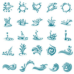 collection with abstract symbols of blue water splash isolated on white background