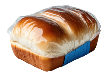 Wrapped loaf of shiny, golden-crusted bread; tight plastic seal, blue label