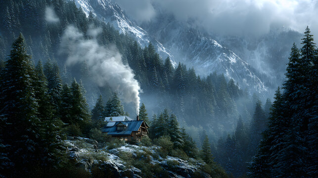 Isolated retreat hidden among snowy pines with chimney smoke rising 
