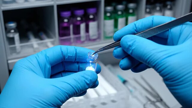 Closeup of a scientists gloved hands holding a small vial with white powder, with a rack of colorful vials in the background, representing medical research and development vector illustration