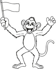 Happy Cartoon Monkey Holding Blank Flag Line Art Illustration