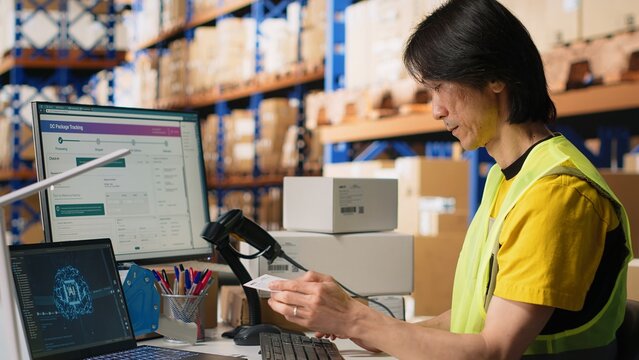 Staff employs AI-generated software for order processing automation, advanced neural networks brain helps with tracking software in distribution hub. Warehouse with storage racks. Camera B.