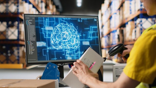Asian male worker using artificial intelligence brain to scan barcodes, registering shipping labels for route details with AI support automation tools. Virtual help in warehouse. Camera B.