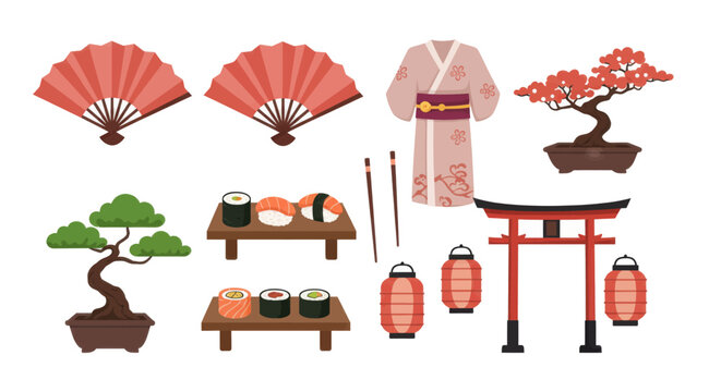 Collection of Japanese cultural icons including bonsai trees, kimono, sushi, and torii gate