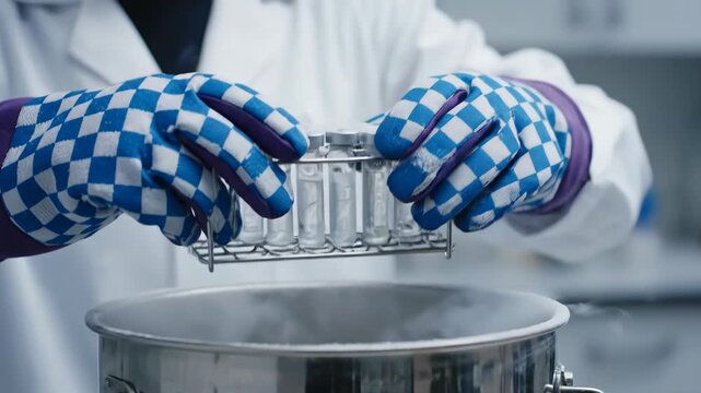 Closeup of gloved hands holding rack of vials being placed into a cryogenic container for sample preservation in a lab vector illustration