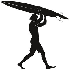 Surfer carrying board on head silhouette
