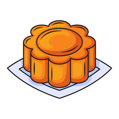 A single golden brown flower shaped mooncake sits on a light blue square plate with a transparent background representing a delicious pastry for autumn festivals.