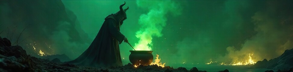Horned Figure Brewing a Potion Eerie Green Glow Illuminates a Dark Magic Ritual in a Swirling Smoke-Filled Cauldron