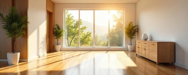Sunlight Streams Through Large Window Illuminating Gleaming Hardwood Floors in Modern Minimalist Interior, Bright Airy Atmosphere