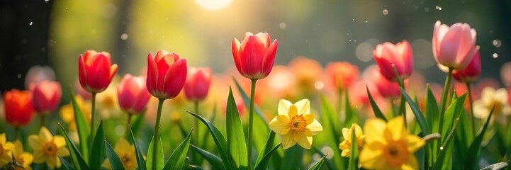 Spring Rain Revitalizes Tulips and Daffodils in a Sun-Dappled Garden, Peaceful New Life Scene