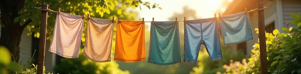Colorful Laundry Drying on Rustic Clothesline in Sunny Garden, Gentle Breeze, Spring Summer Theme