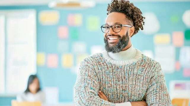 Cheerful educator with curly hair and glasses smiles warmly in vibrant classroom setting, exuding confidence and approachability