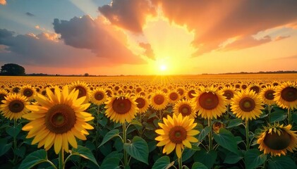 Sunflowers at Sunset A Serene Panorama of Golden Fields and Breathtaking Sky