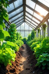 Sunlight Drenched Greenhouse Lush Green Plants Thriving in a Modern Sustainable Garden