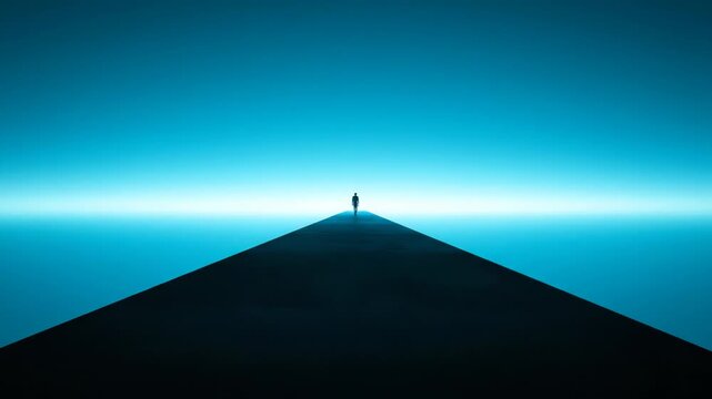 A lone figure walks on a dark, narrow path towards a bright horizon under a vast, gradient blue sky, symbolizing a journey or a quest vector illustration
