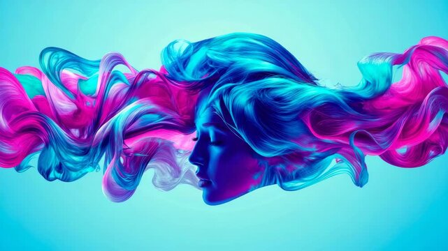 Ethereal female profile merging with dynamic waves of iridescent magenta, teal, and cerulean hues against tranquil aquamarine field