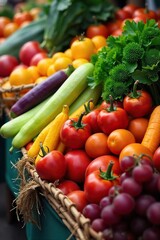 Vibrant Overflowing Basket of Fresh Fruits and Vegetables Ready for Market