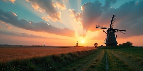 Serene Dutch Summer Landscape Windmills Silhouetted Against a Dramatic Sky