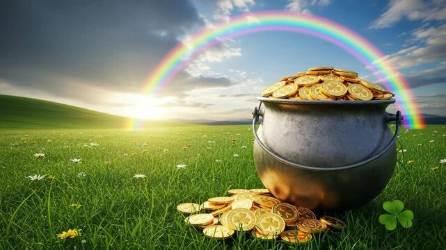 Pot of gold at the end of a rainbow in a green field