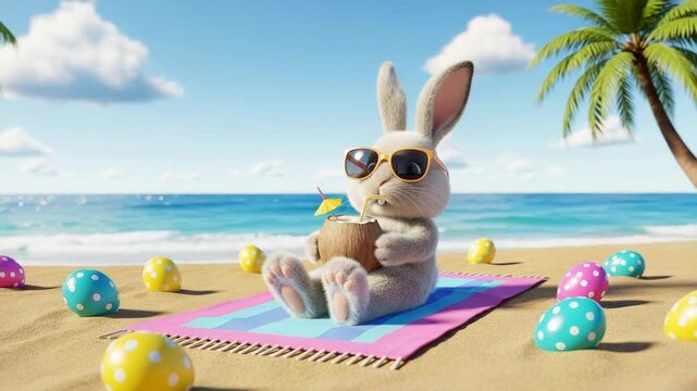 Bunny relaxing on beach with easter egg and coconut drink