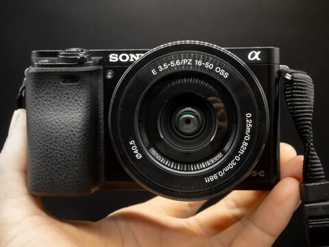 Zapopan Jalisco, Mexico - October 12, 2025: Detailed view of a Sony a6000 mirrorless camera, camera concept