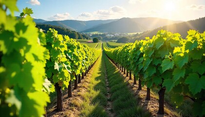 Sun-Drenched Hillside Vineyard Ready for Harvest Lush Green Grapevines Stretching Across a Picturesque Autumn Landscape, Ideal for Wine Labels and Publications