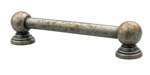 Aged metal drawer pull with rounded ends, showing signs of wear and rust