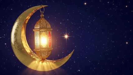 Golden crescent moon with a glowing lantern under starry night sky - Powered by Adobe