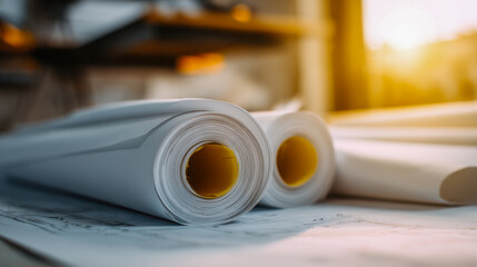 Rolled blueprints resting on an architectural drawing surface with warm sunlight illuminating the workspace in a creative design studio environment