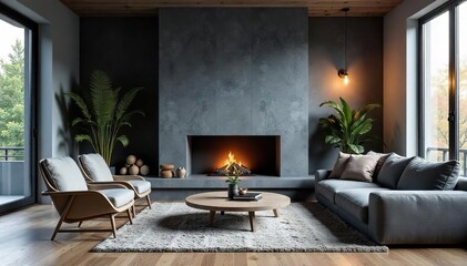 Cozy Slate Living Room with Modern Fireplace Soft Natural Light Illuminates Minimalist Design, Creating a Serene and Relaxing Atmosphere for Modern Dwellings