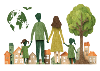 Papercraft family holding hands in a town with green globe and tree