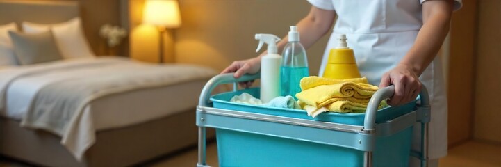 Ready for Room Service A Maids Organized Housekeeping Cart with Fresh Linens, Cleaning Supplies, and Toiletries, Efficiently Prepared for a Busy Day in a Hotel