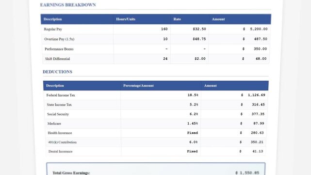 Payroll calculation sheet displaying employee earnings, deductions and net pay with animated counters

