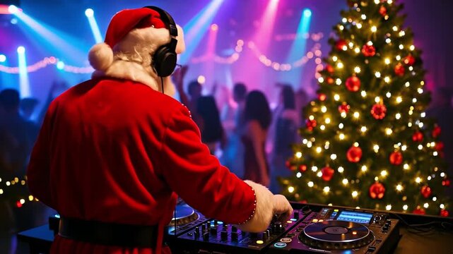 Santa claus dj at a festive christmas party with colorful lights and decorated tree. concept of holiday celebration, joyful music, festive event