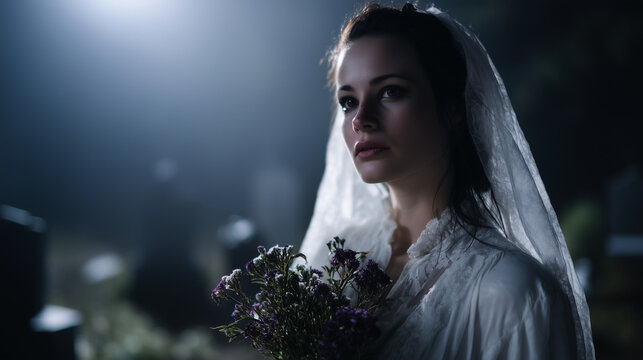 Cinematic horror portrait of a ghost bride in an old cemetery at night, holding flowers, surrounded by mist and dim light, eerie supernatural tone, gothic fantasy style