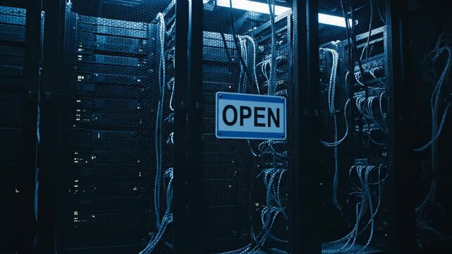Dark server room with rows of racks and cables, featuring an open sign, suggesting accessibility and operation vector illustration