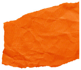 Abstract scrap of bright orange crumpled paper, isolated element to create autumn festive collage