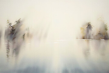 Delicate watercolor of a misty lake with soft reflections and neutral tones. Minimalist composition with calm light and airy mood perfect for Japandi and Scandinavian interiors