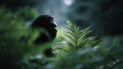 Cinematic horror scene of a humanoid cryptid emerging from lush forest greenery
