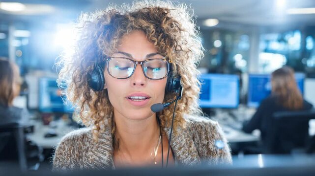 A customer support agent using advanced software with multilanguage capabilities to assist diverse clients effectively.