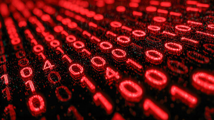 Abstract red digital binary code composed of glowing ones and zeroes creating a futuristic technology and data cybersecurity concept background design
