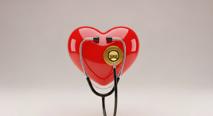 Conceptual image of a red heart shape with a golden stethoscope on a beige background, could illustrate concepts around healthy heart, cardiovascular health and heart disease