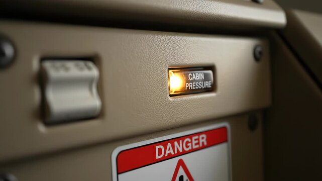 Closeup of an airplane cockpit panel showing a lit cabin pressure warning light and a danger sign vector illustration