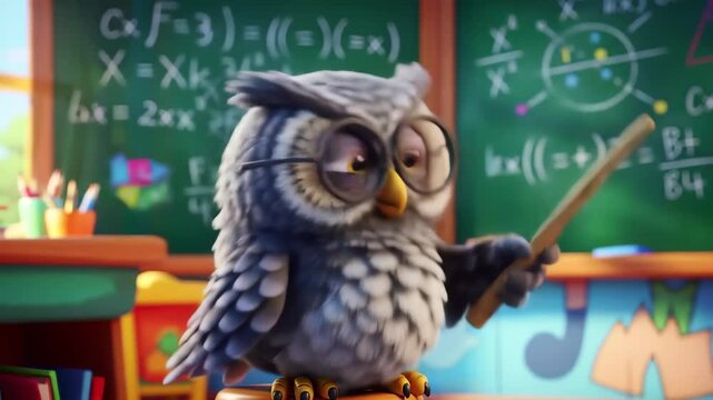 Cute owl teacher holding pointer in classroom with math chalkboard for educational theme. school, wisdom, learning, mathematics, teacher' s day, classroom - Powered by Adobe