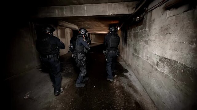 Medium shot of subterranean hyperloop security personnel patrolling dimly lit tunnels equipped with tactical gear and advanced communication devices for underground safety.