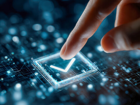 Finger pressing a futuristic glowing digital checkbox on a high-tech circuit board interface symbolizing approval or selection in advanced technology systems