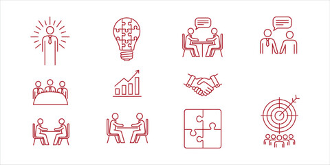 Business and teamwork line icons set contains icons as leadership, solution, meeting, partnership, success, target